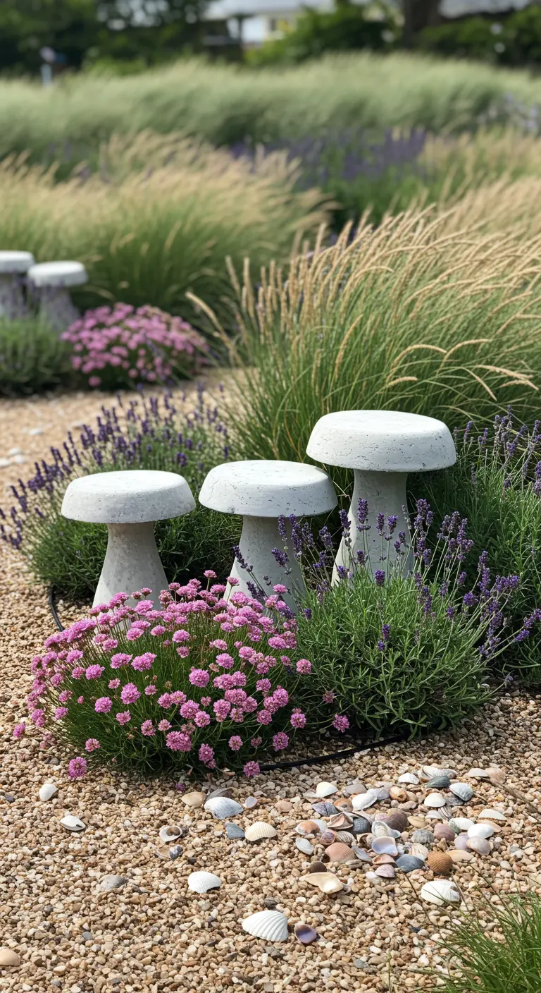 Drei helle Beton-Pilzhocker in einem Kiesbeet mit Ziergräsern, Lavendel und Muscheln.