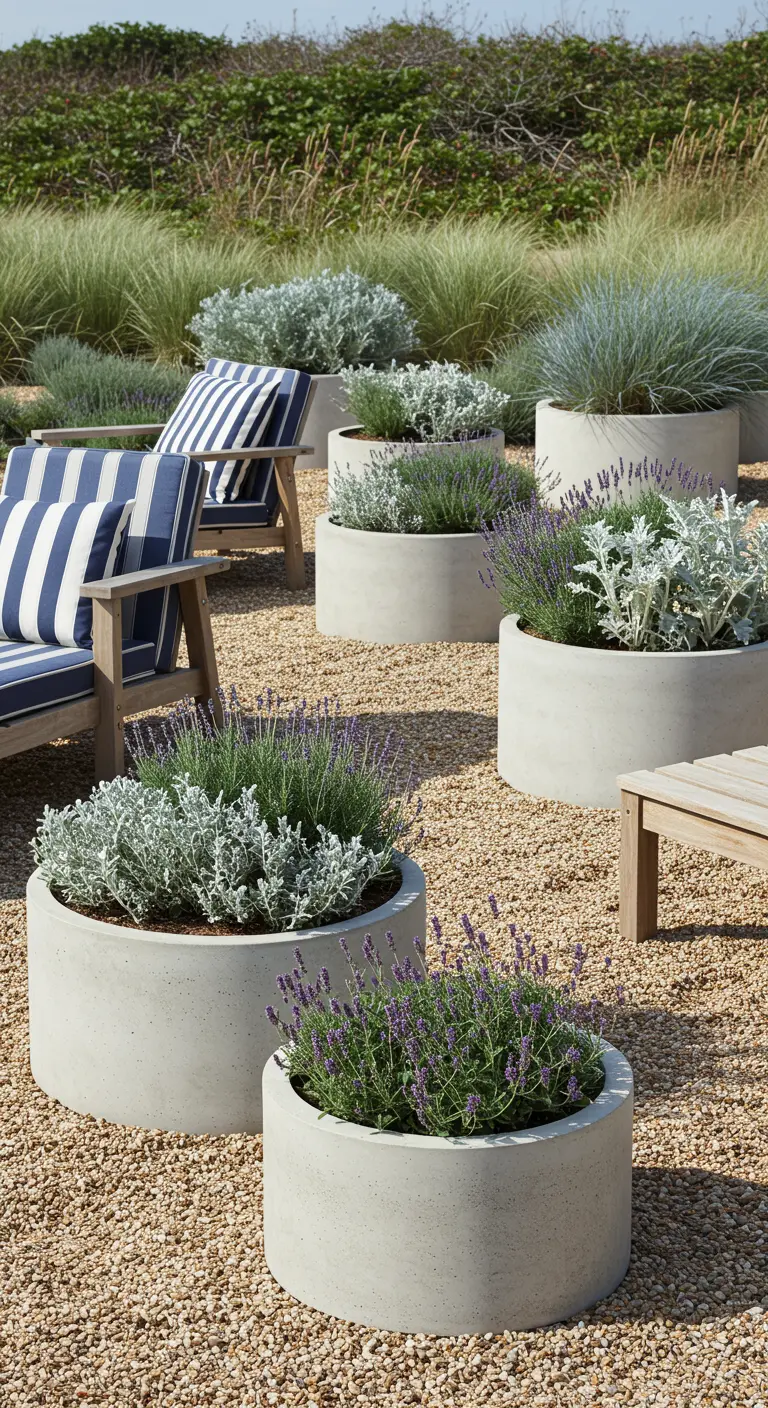 Mehrere Betonringe mit Lavendel und silberlaubigen Pflanzen auf einer Kiesfläche.