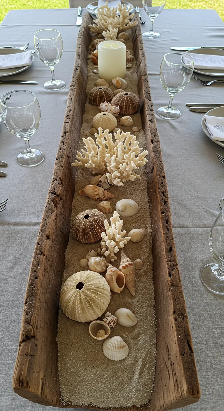 Langes Holzzentrumstück gefüllt mit Sand, Korallen, Seeigeln und Muscheln.