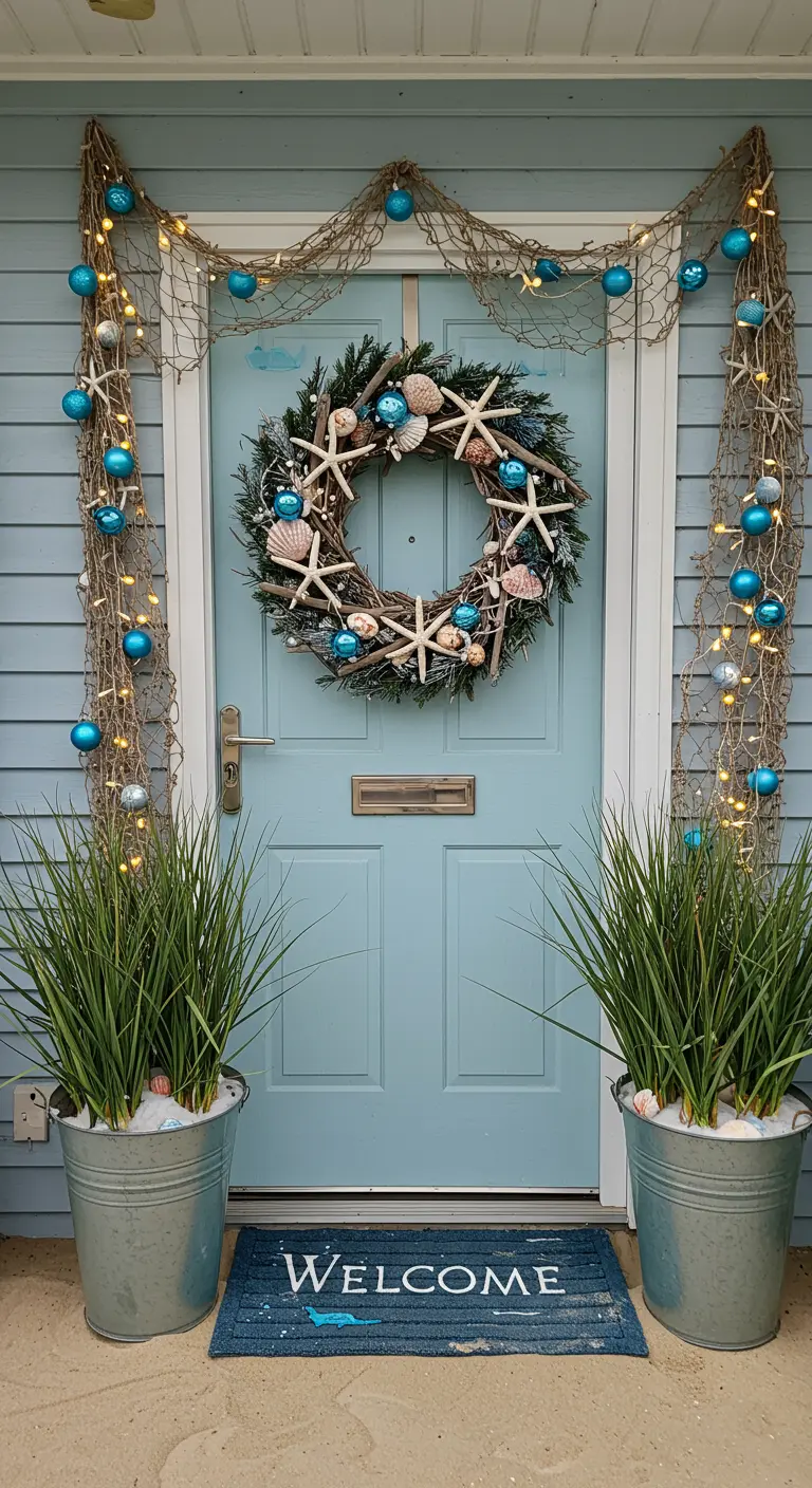 Haustür mit maritimer Weihnachtsdeko aus Fischernetzen, blauen Kugeln und einem Seestern-Kranz.