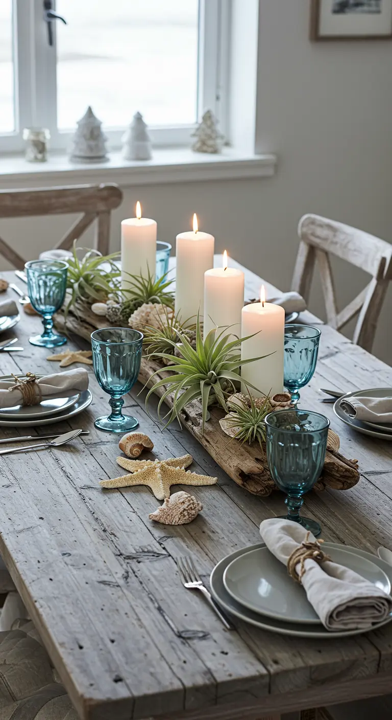 Maritime Weihnachtsdeko mit Treibholz, Luftpflanzen und Muscheln auf einem Holztisch.
