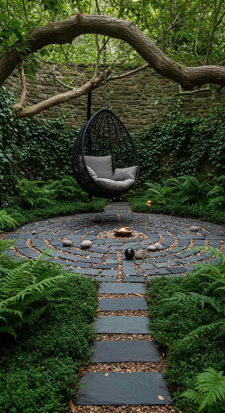 Ein begehbares Labyrinth aus Steinplatten und Kies, umgeben von Farnen in einem Innenhof.
