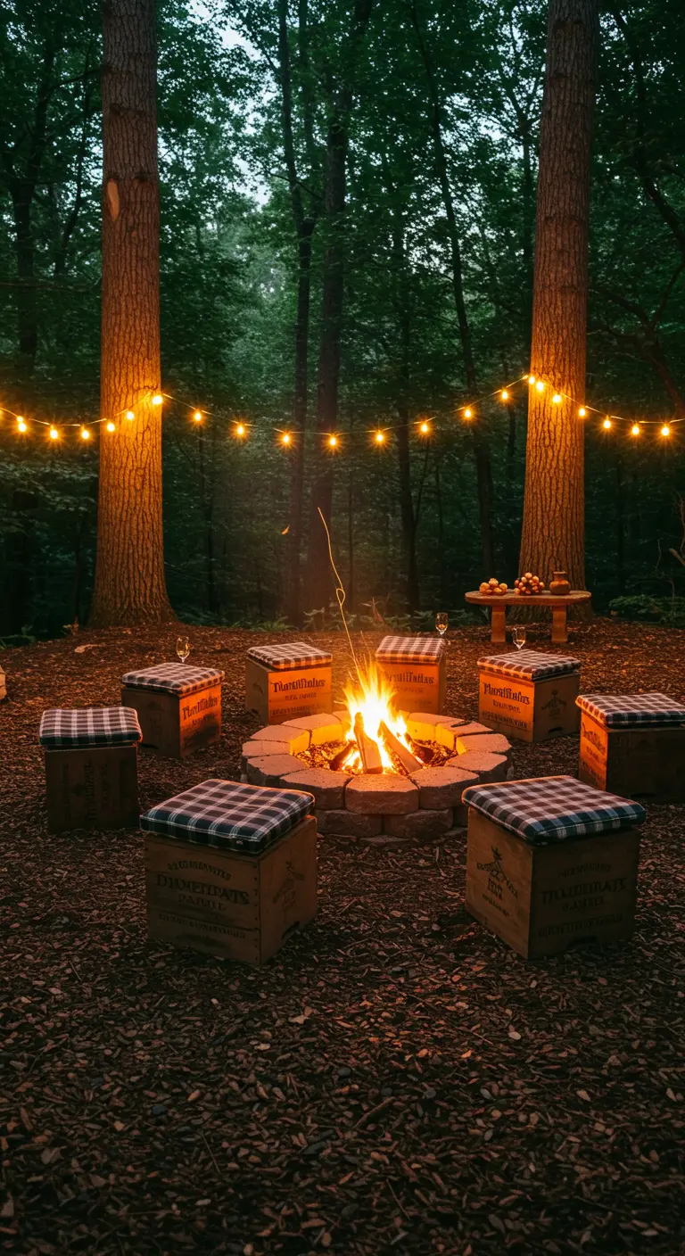 Weinkisten-Hocker mit karierten Polstern im Kreis um ein Lagerfeuer im Wald.