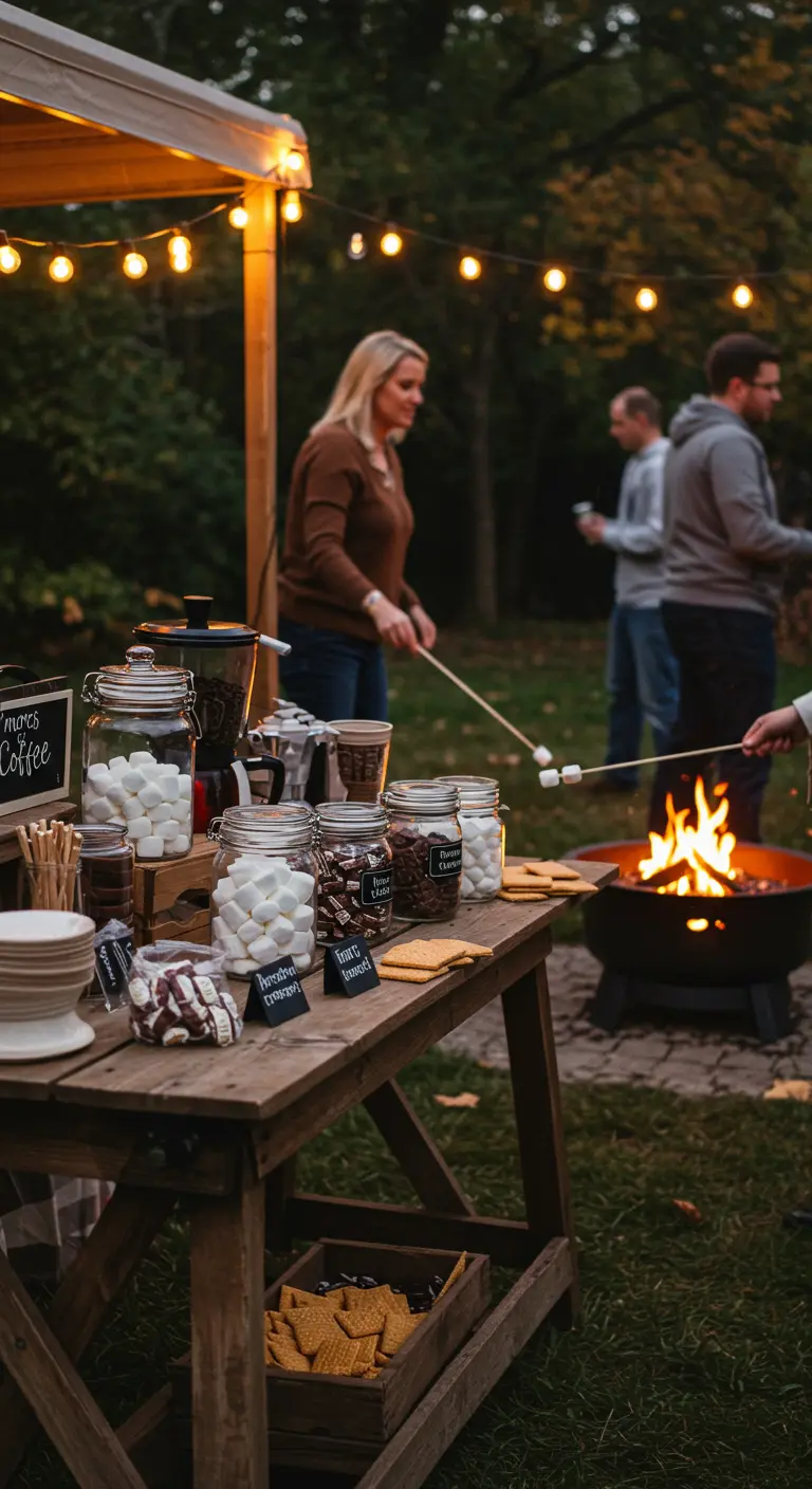 Kaffeebar im Freien mit einer S'mores-Station und einer Feuerschale im Hintergrund.