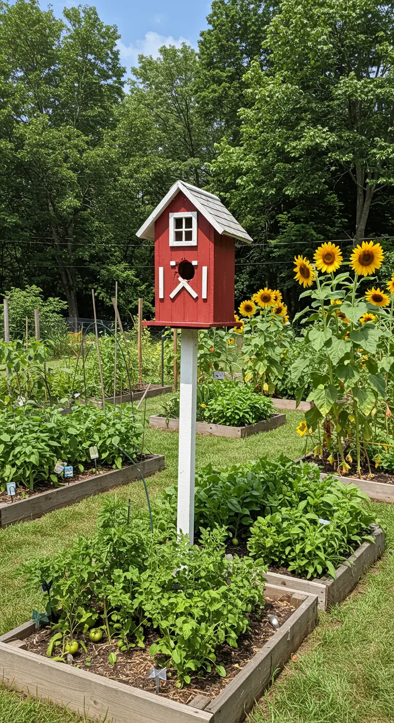 Rotes Vogelhaus in Scheunenform mit weißen Fenstern in einem üppigen Gemüsegarten mit Sonnenblumen.