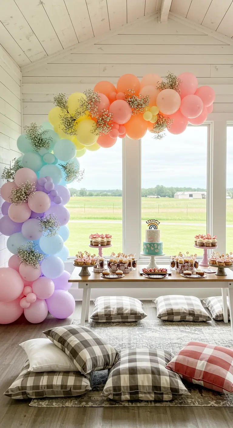 Pastell-Regenbogen-Ballonbogen mit Schleierkraut über einem niedrigen Tisch vor einem großen Fenster.
