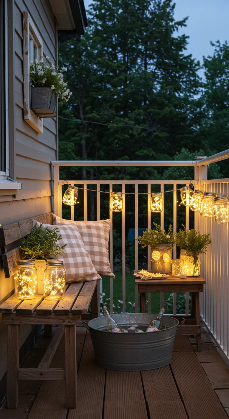 Rustikaler Balkon mit einer Lichterkette aus Einmachgläsern über einer Holzbank.