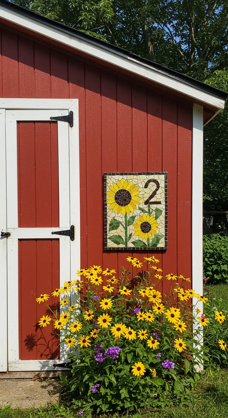 Mosaik-Hausnummer 2 mit Sonnenblumen-Motiv an einem roten Holzschuppen über einem Blumenbeet.