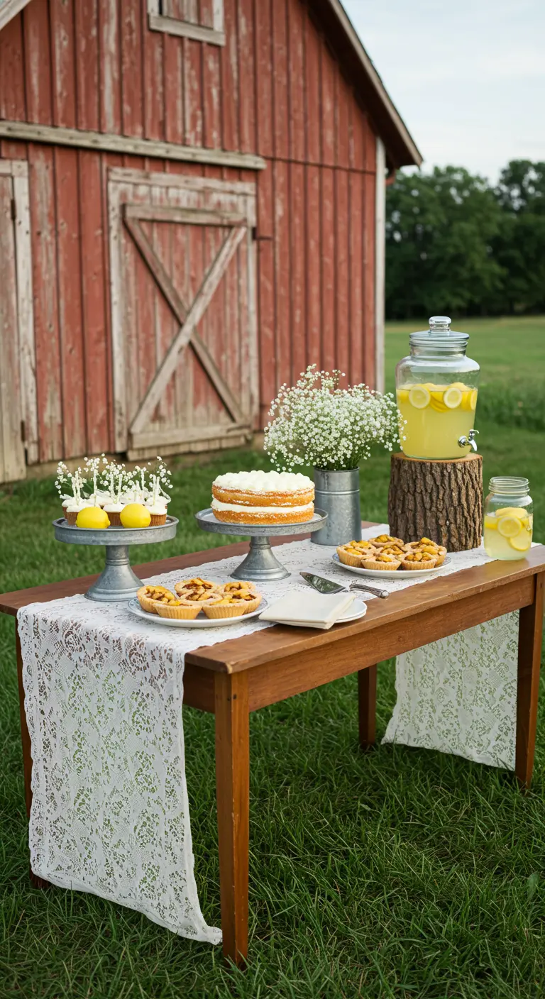 Rustikaler Holztisch mit Spitzendecke und Zitronen-Cupcakes vor einer roten Scheune im Grünen.