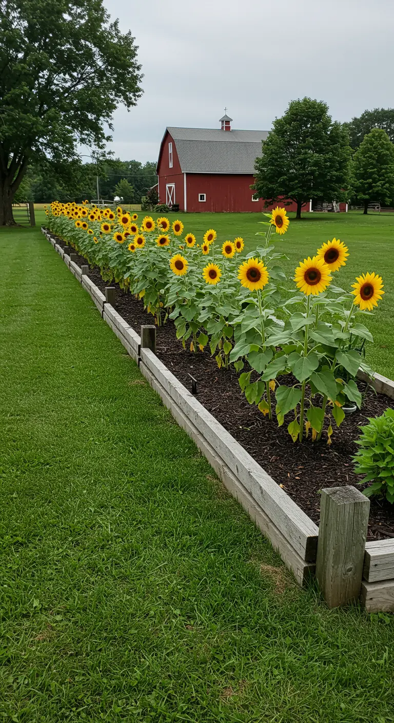 Eine lange Reihe von Sonnenblumen in einem Hochbeet aus verwittertem Holz vor einer roten Scheune.