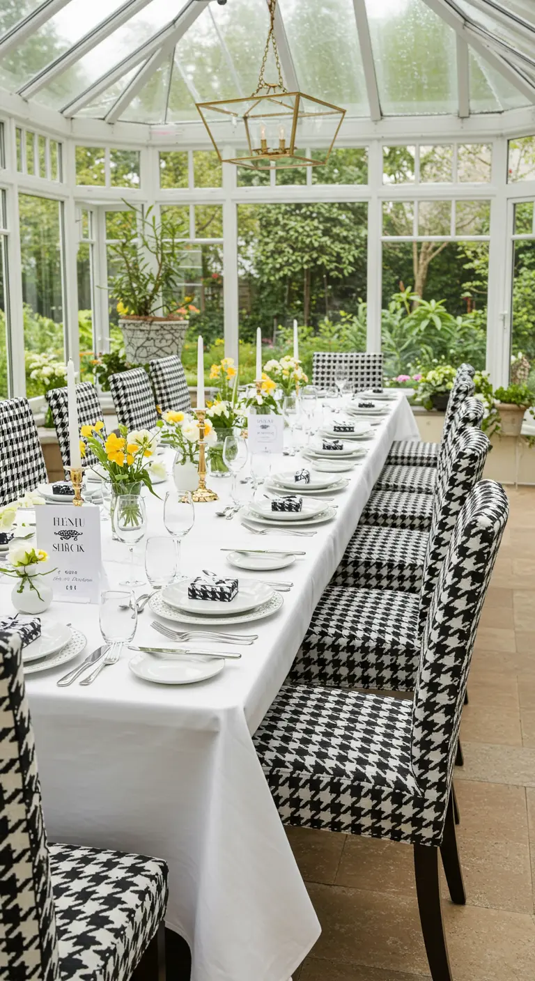 Lange, elegant gedeckte Tafel in einem Wintergarten, flankiert von Stühlen mit Hahnentrittmuster