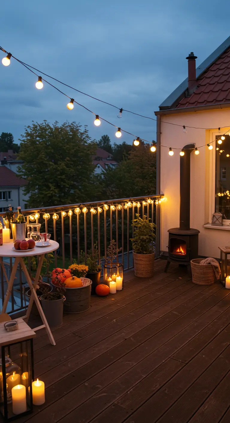 Gemütlicher Balkon mit Lichterketten, Kerzen und einem kleinen Holzofen