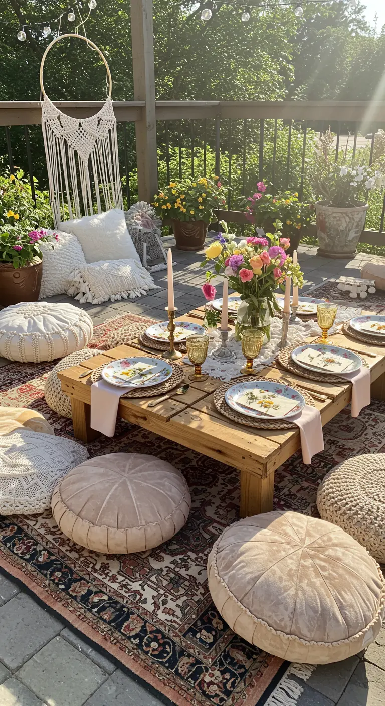 Boho-Picknick-Setup mit niedrigem Tisch, Kissen, Teppichen und blumiger Tischdeko.