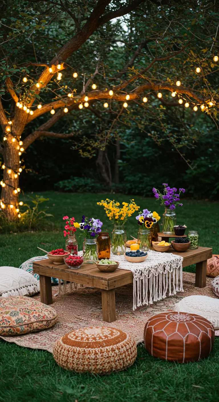 Boho-Picknick-Setup im Garten mit niedrigem Holztisch, Kissen und essbaren Blüten in Gläsern.