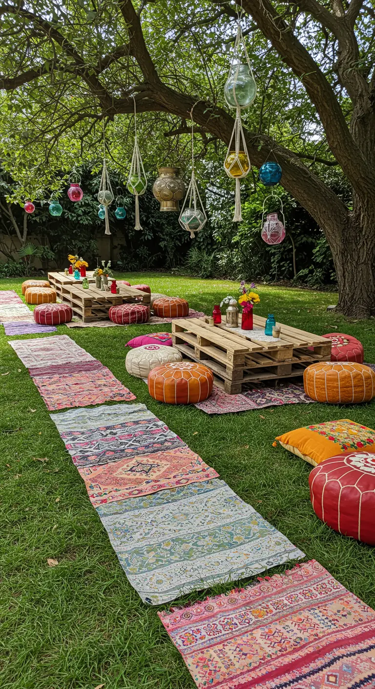 Gartenparty mit DIY-Tischen aus Paletten, bunten Poufs und Läufern auf dem Rasen.