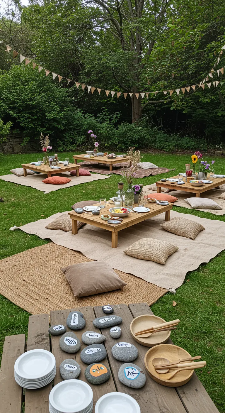 Ein Picknick-Setup auf einer Wiese mit niedrigen Tischen, Kissen und bemalten Steinen als Tischkarten.