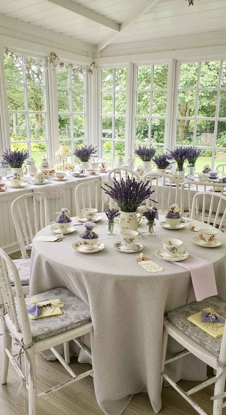 Mit Lavendel dekorierter Teetisch in einem hellen, sonnigen Wintergarten.