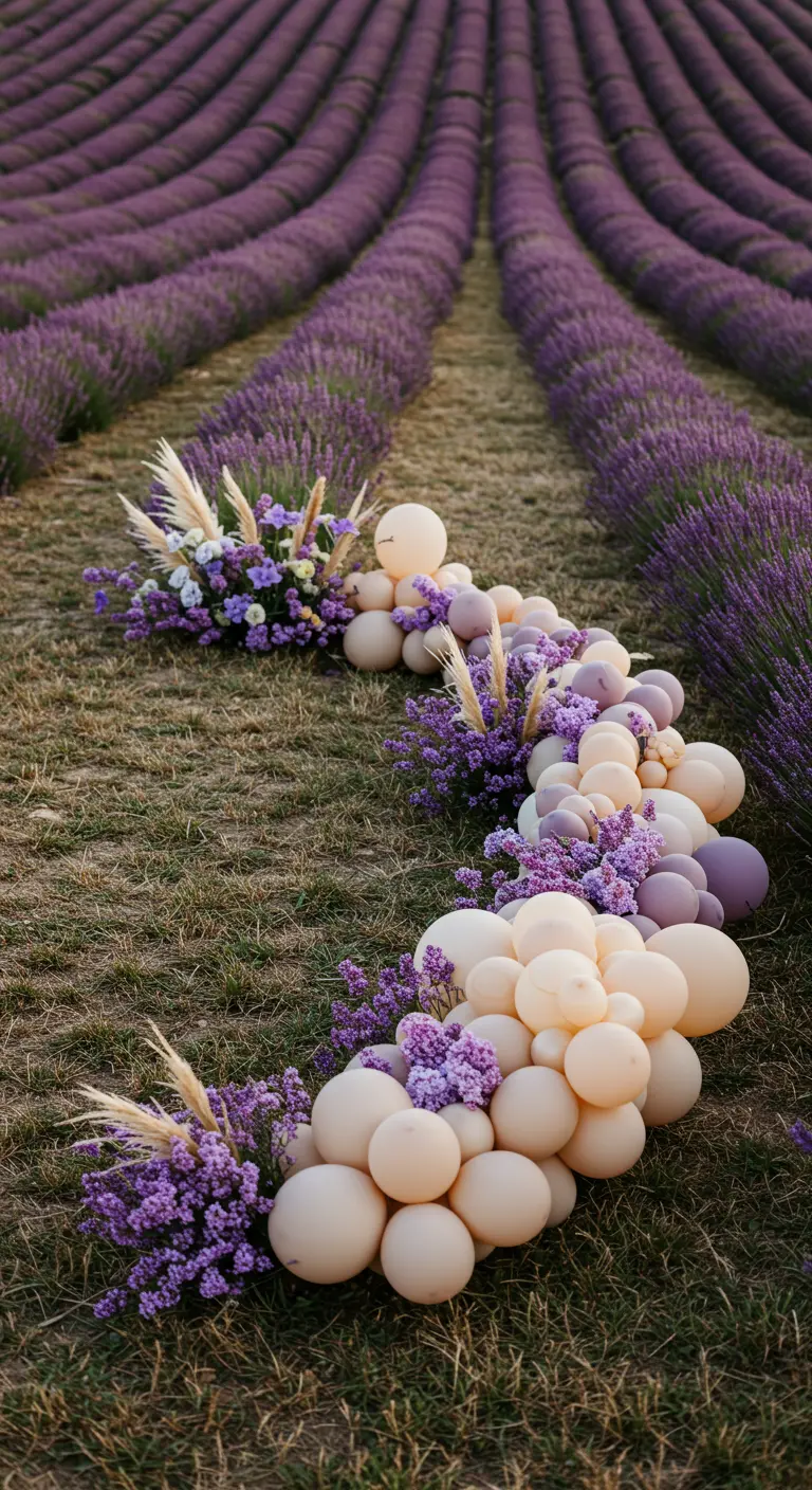 Bodengirlande aus cremefarbenen und lila Ballons in einem Lavendelfeld