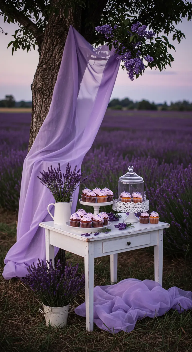 Weißer Tisch mit lila Cupcakes und Lavendel in einem Lavendelfeld bei Dämmerung.