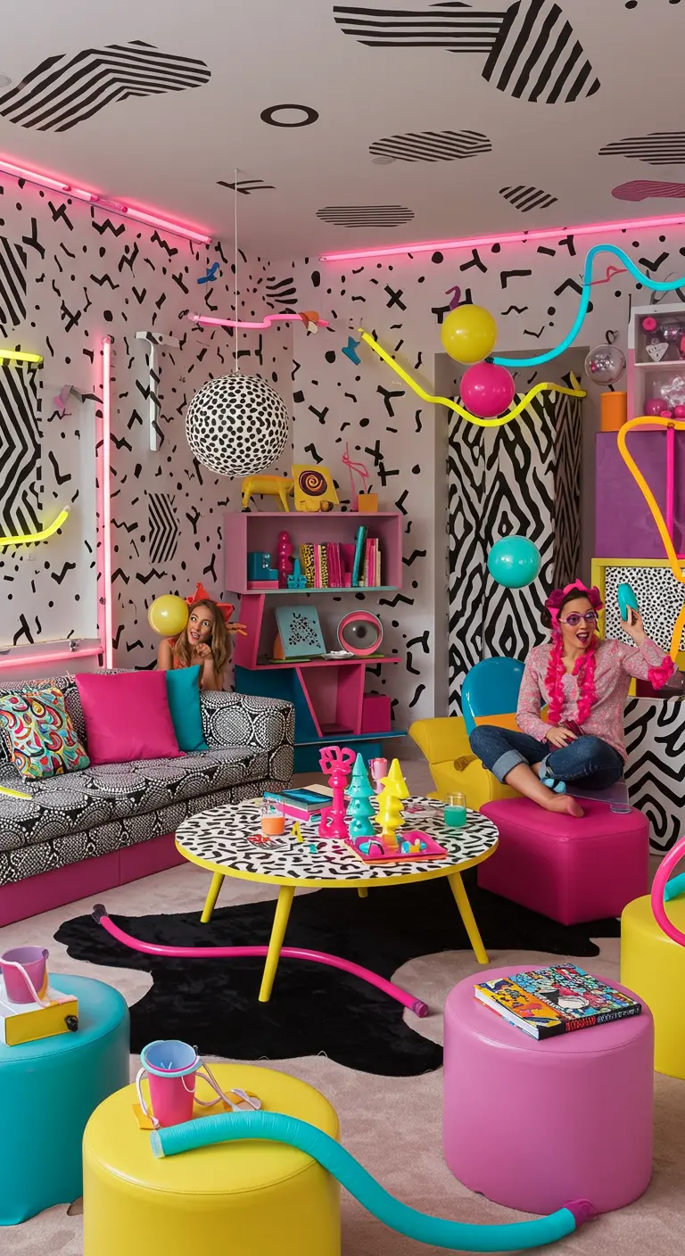 Ein Wohnzimmer, das komplett im bunten und gemusterten Memphis-Stil der 80er Jahre eingerichtet ist.
