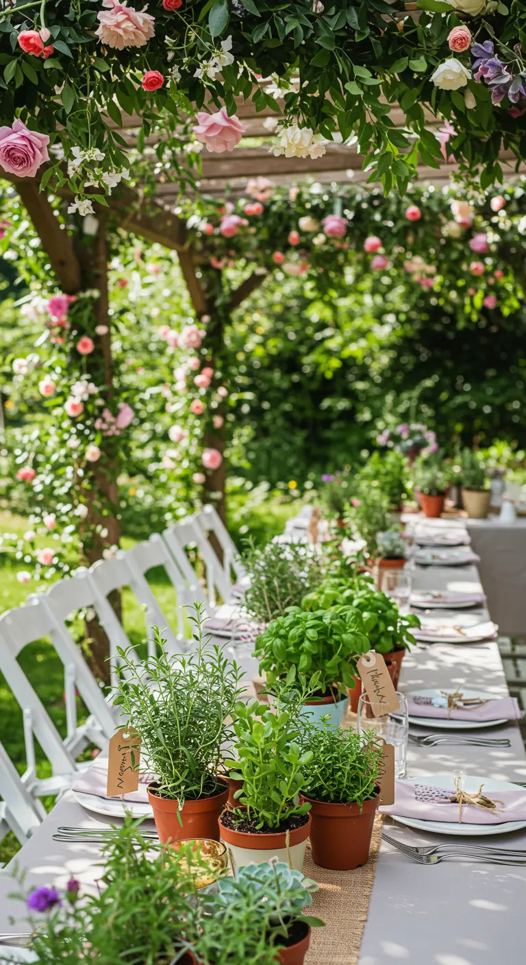 Kleine Kräutertöpfe als Gastgeschenke und Platzkarten auf einem festlichen Gartentisch.