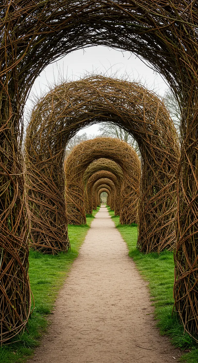 Ein massiver Weidentunnel aus unzähligen, dicht ineinander verschlungenen Weidenruten.