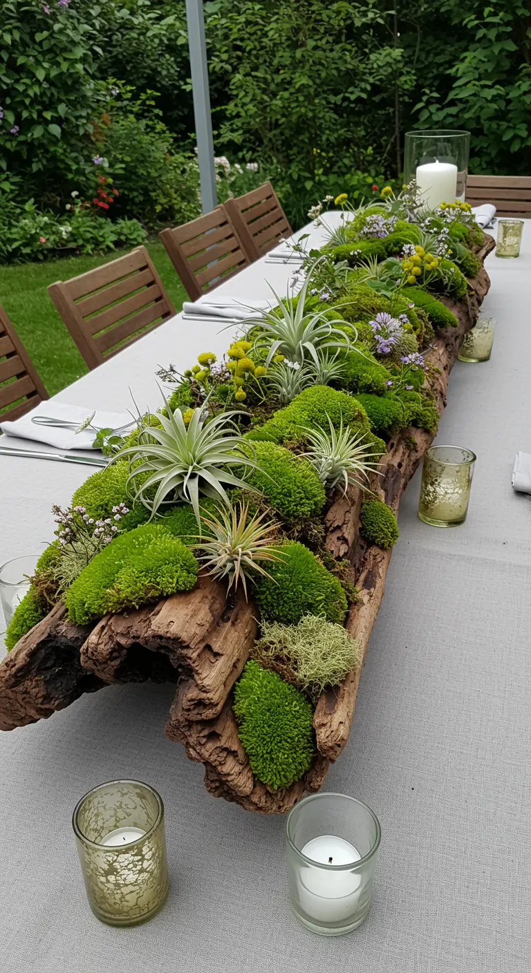 Ein langes Stück Treibholz auf einer Festtafel, dekoriert mit Moos und Sukkulenten als Centerpiece.