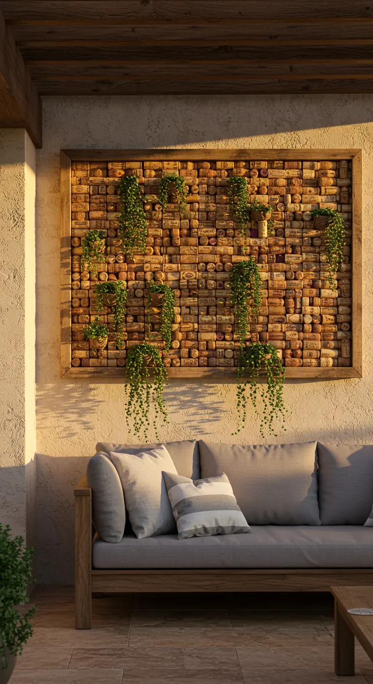 Ein großes Wandbild aus Weinkorken in einem Holzrahmen, bepflanzt mit hängenden Sukkulenten.