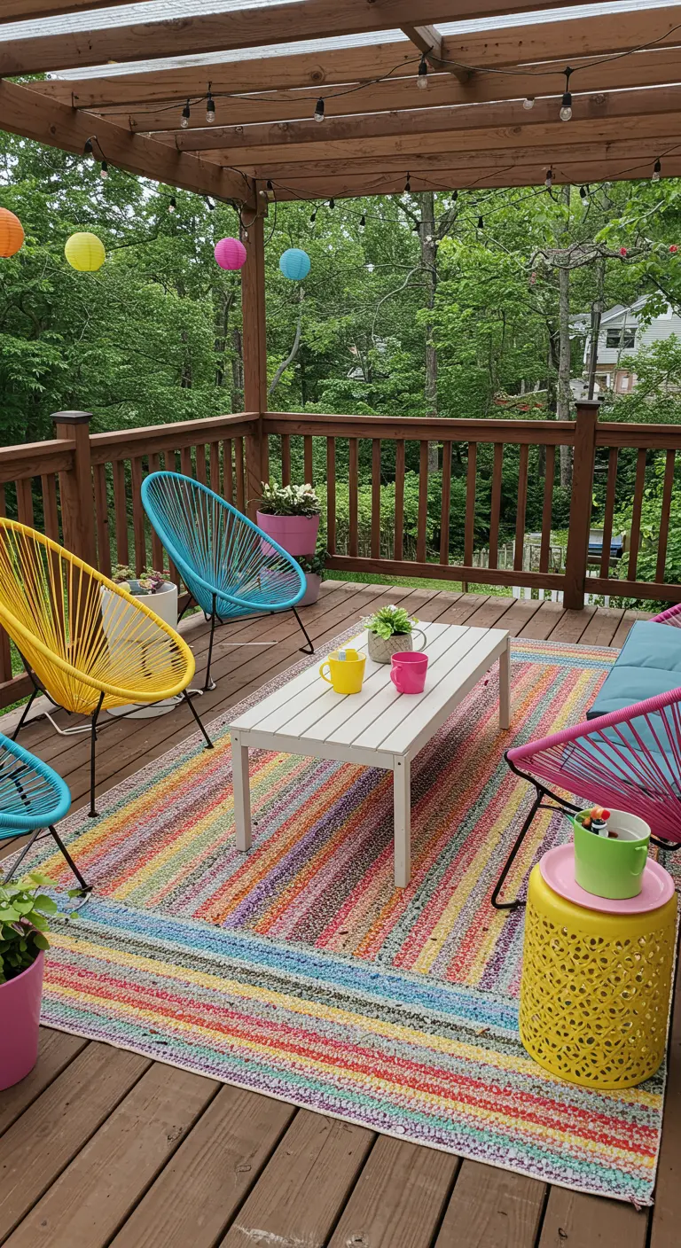 Bunt gestreifter Teppich auf einer Holzterrasse mit farbenfrohen Acapulco-Stühlen.