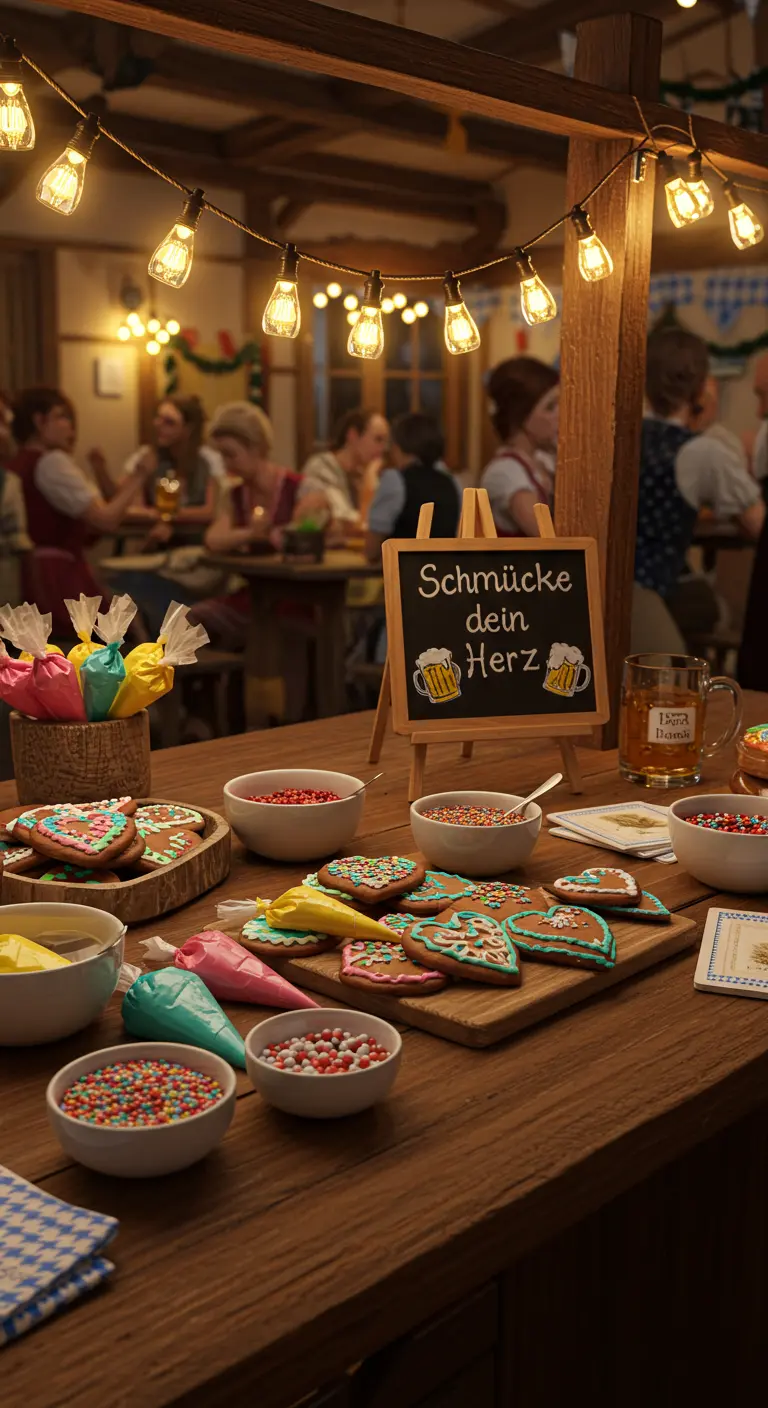 DIY-Station zum Verzieren von Lebkuchenherzen mit Zuckerguss und Streuseln.