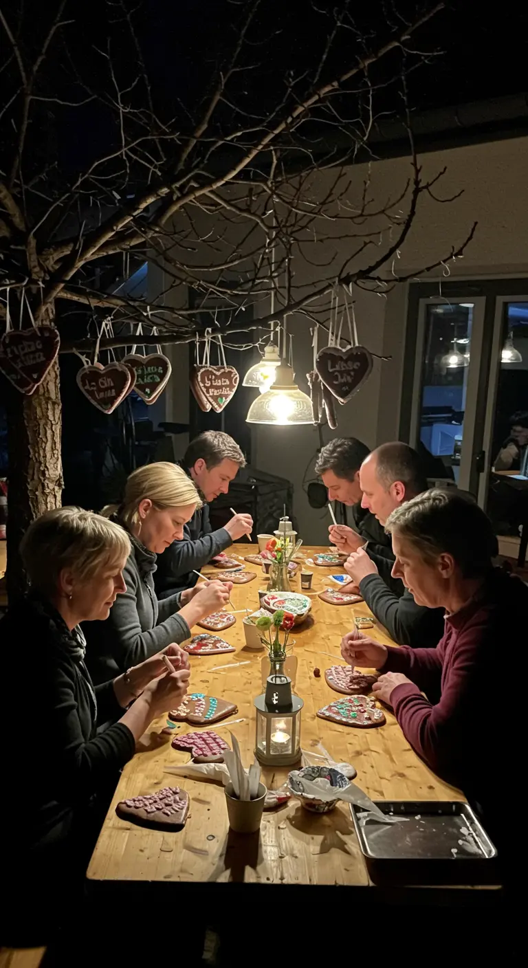 Gäste sitzen an einem langen Holztisch und verzieren gemeinsam Lebkuchenherzen.