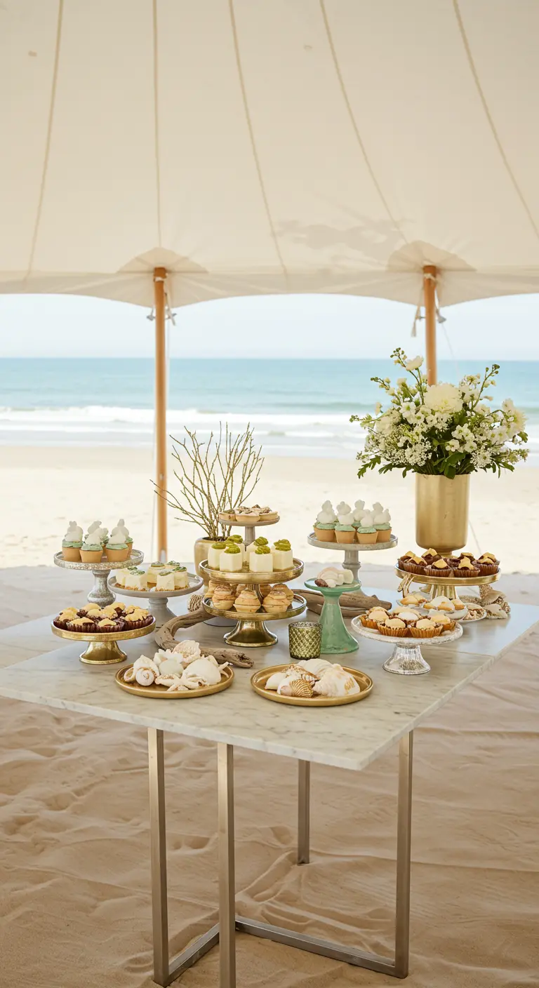 Eleganter Desserttisch mit Marmorplatte am Strand unter einem weißen Sonnensegel