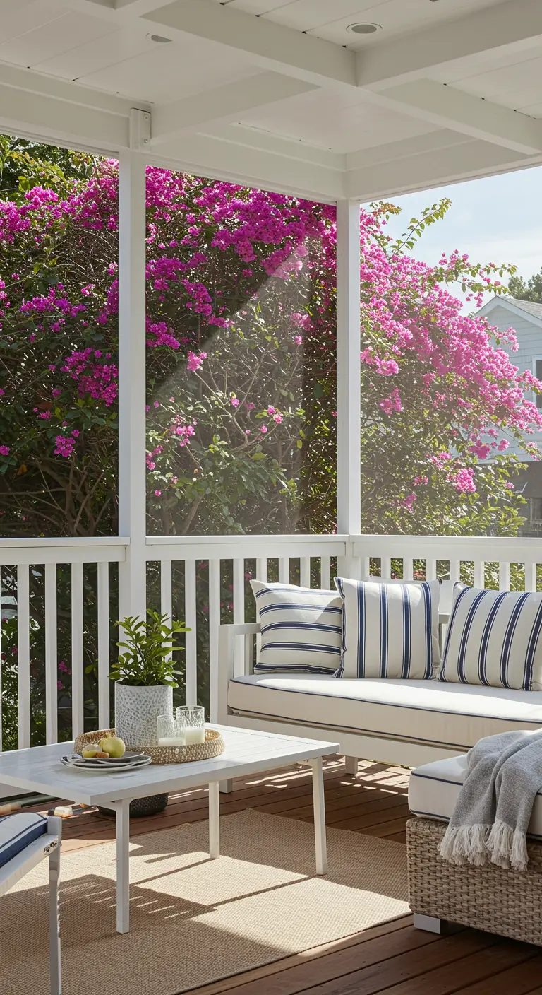 Weiße Veranda mit Säulen, umrankt von einer pink blühenden Bougainvillea, davor eine weiße Sitzbank.