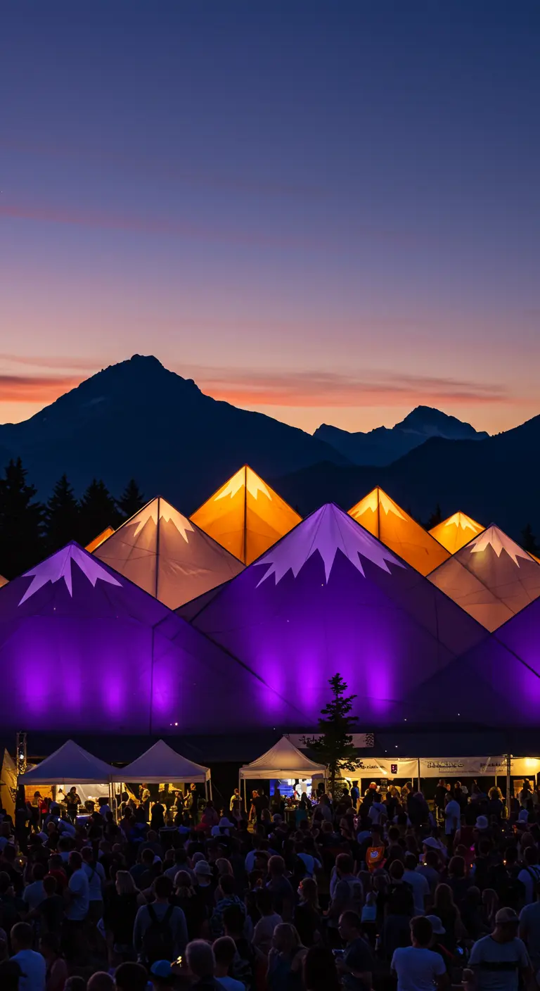 Festivalzelte, die wie eine leuchtende Bergkette in Violett und Orange angestrahlt werden.