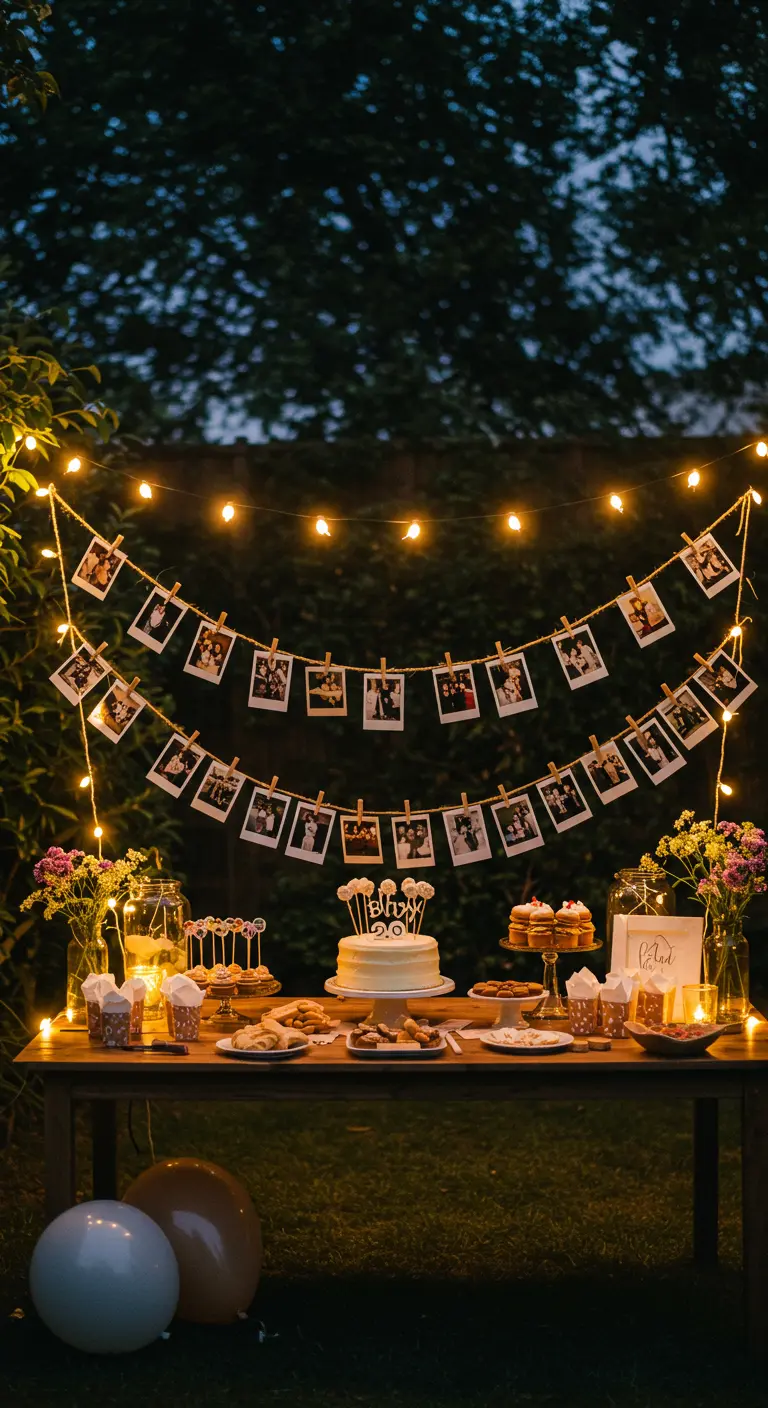 Eine Lichterkette mit befestigten Polaroid-Fotos leuchtet über einem Desserttisch im Garten bei Nacht.