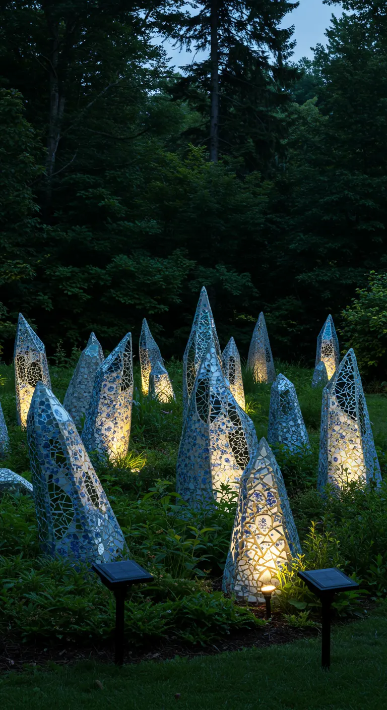 Eine Gruppe von spitz zulaufenden Mosaikskulpturen, die nachts von innen beleuchtet sind.