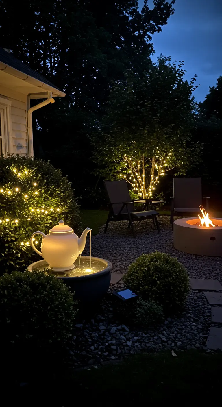 Weißer Teekannen-Brunnen, nachts beleuchtet, neben einer Feuerstelle im Garten.