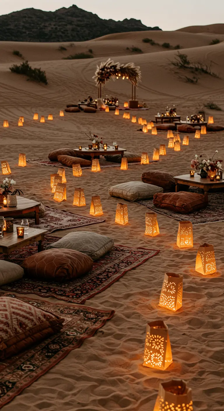 Unzählige Papiertüten-Laternen im Sand beleuchten eine orientalische Lounge-Ecke bei Dämmerung.
