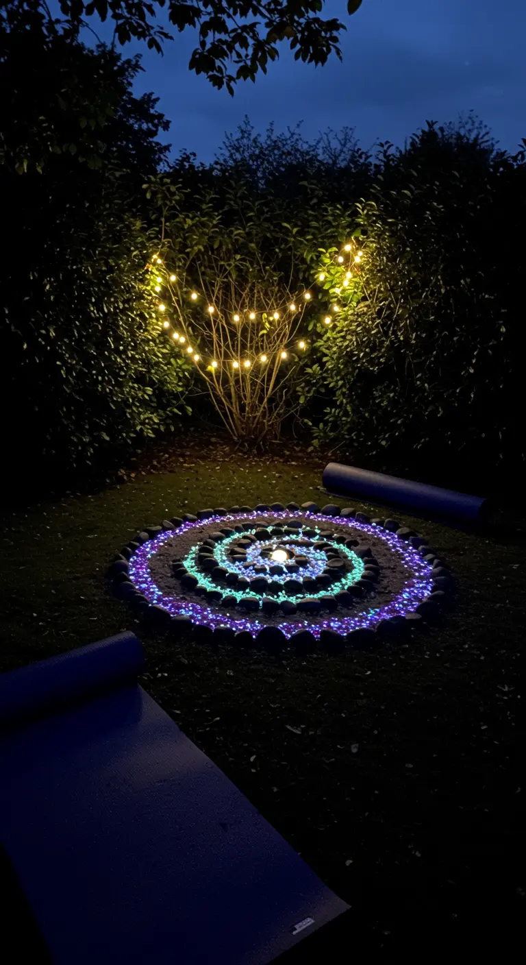 Ein Kiesel-Mandala auf dem Rasen, das nachts mit lila und grünen Lichtern beleuchtet wird.