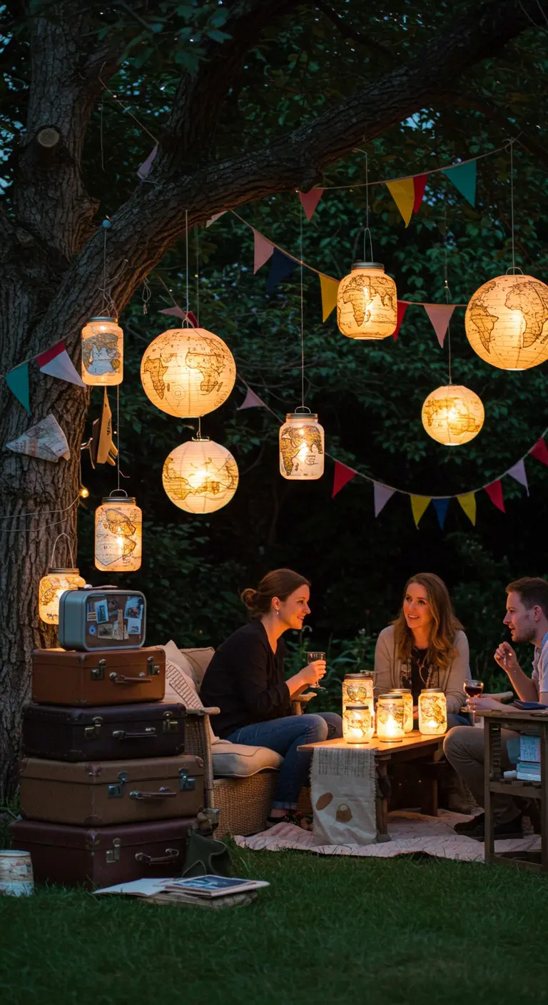 Runde Papierlampions mit Weltkarten-Motiv hängen zwischen Wimpelketten über einer Gartensitzgruppe.