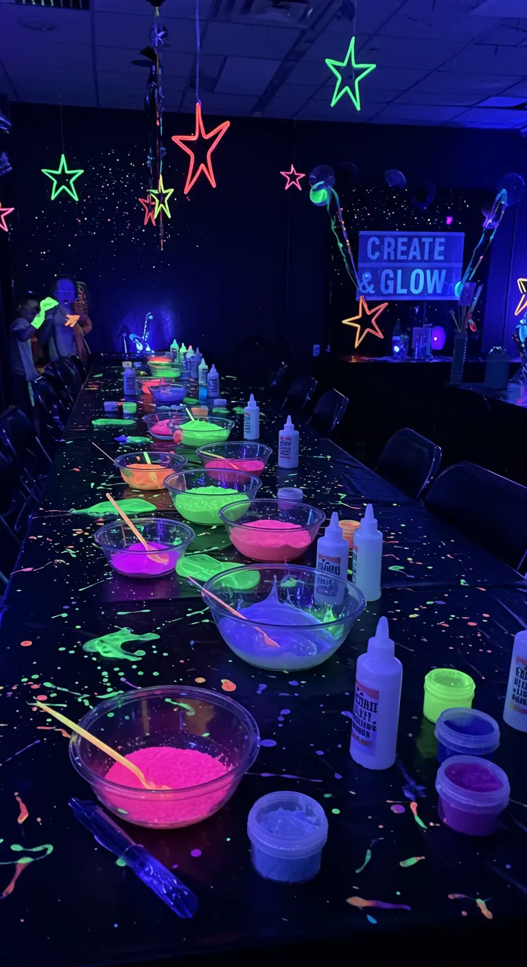 Langer Tisch mit neonfarbenen Slime-Schalen unter Schwarzlicht für eine Kinderparty.