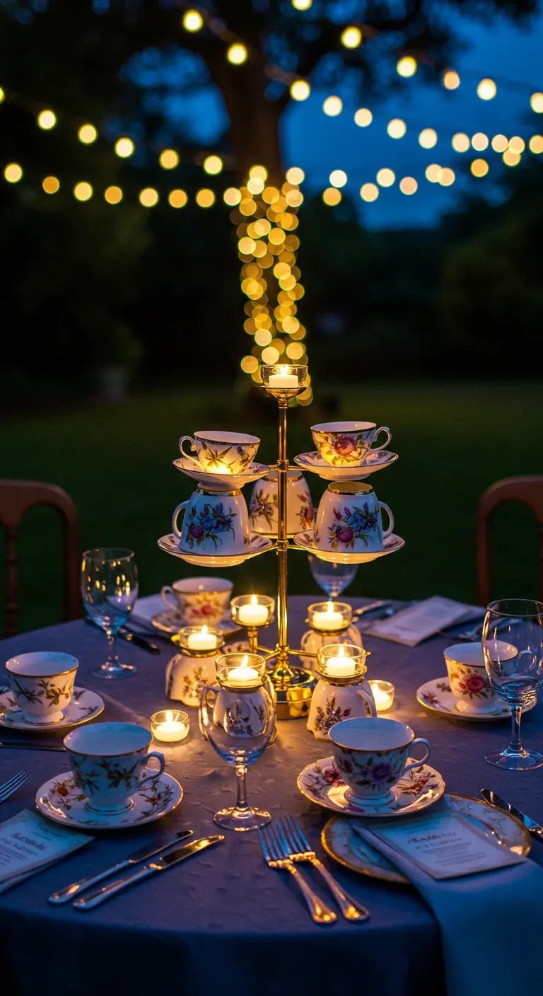 Etagere mit Teetassen, die als Kerzenhalter bei einer nächtlichen Gartenparty dienen.