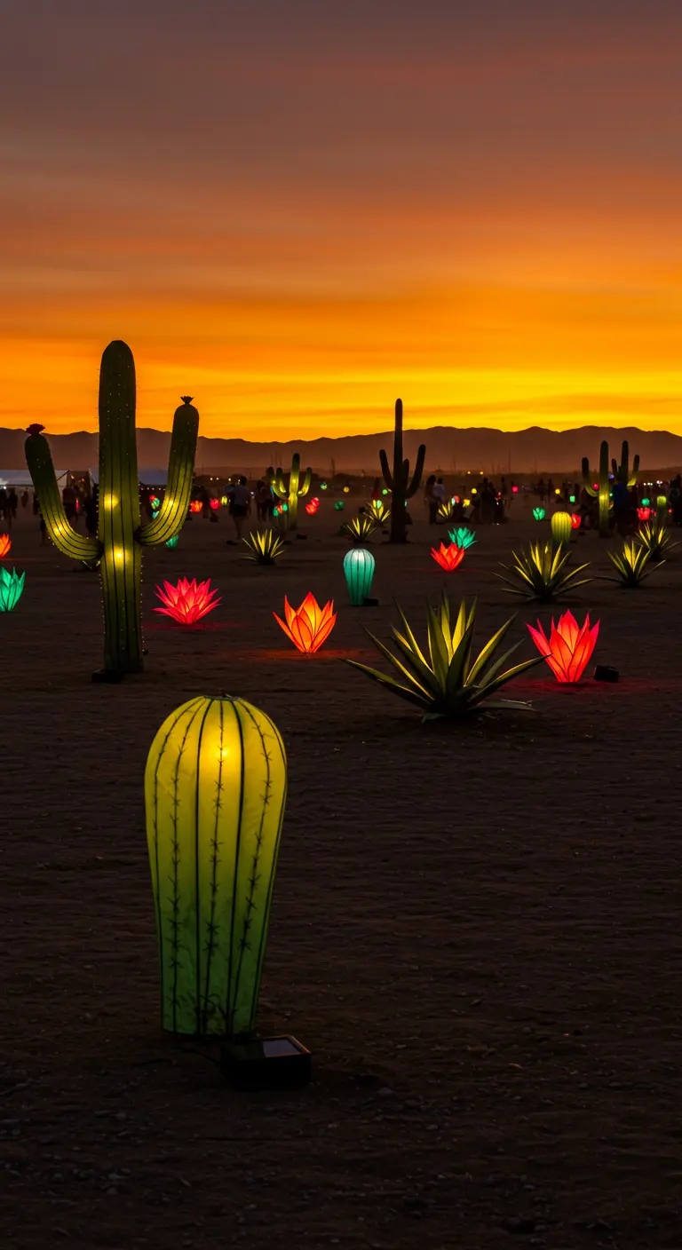Papierlampions in Form von Kakteen und Sukkulenten leuchten in einer Wüstenlandschaft bei Sonnenuntergang.