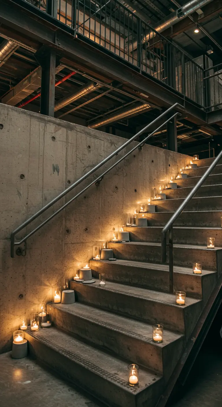 Eine Betontreppe im Industriestil, deren Stufen mit zahlreichen Kerzen beleuchtet sind.