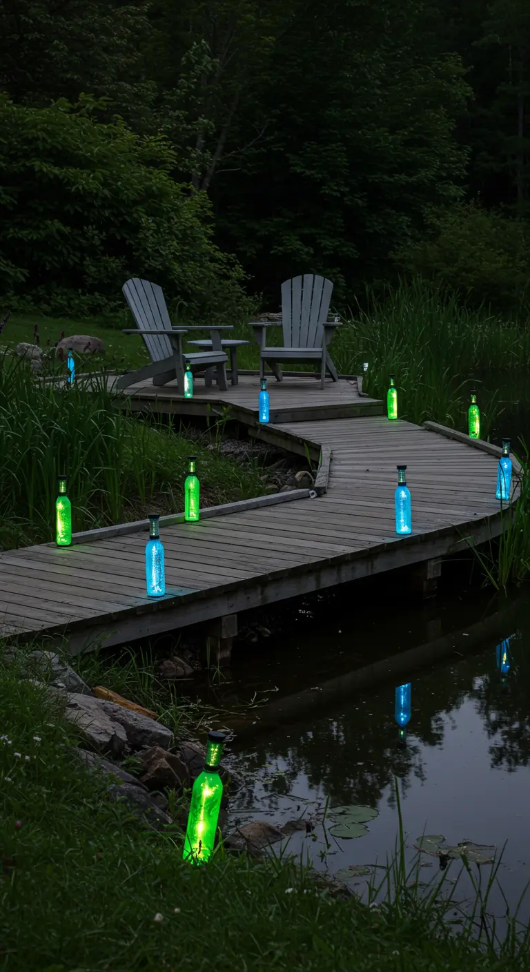Ein Holzsteg über einem Teich, gesäumt von leuchtend grünen und blauen Solar-Flaschenlichtern.