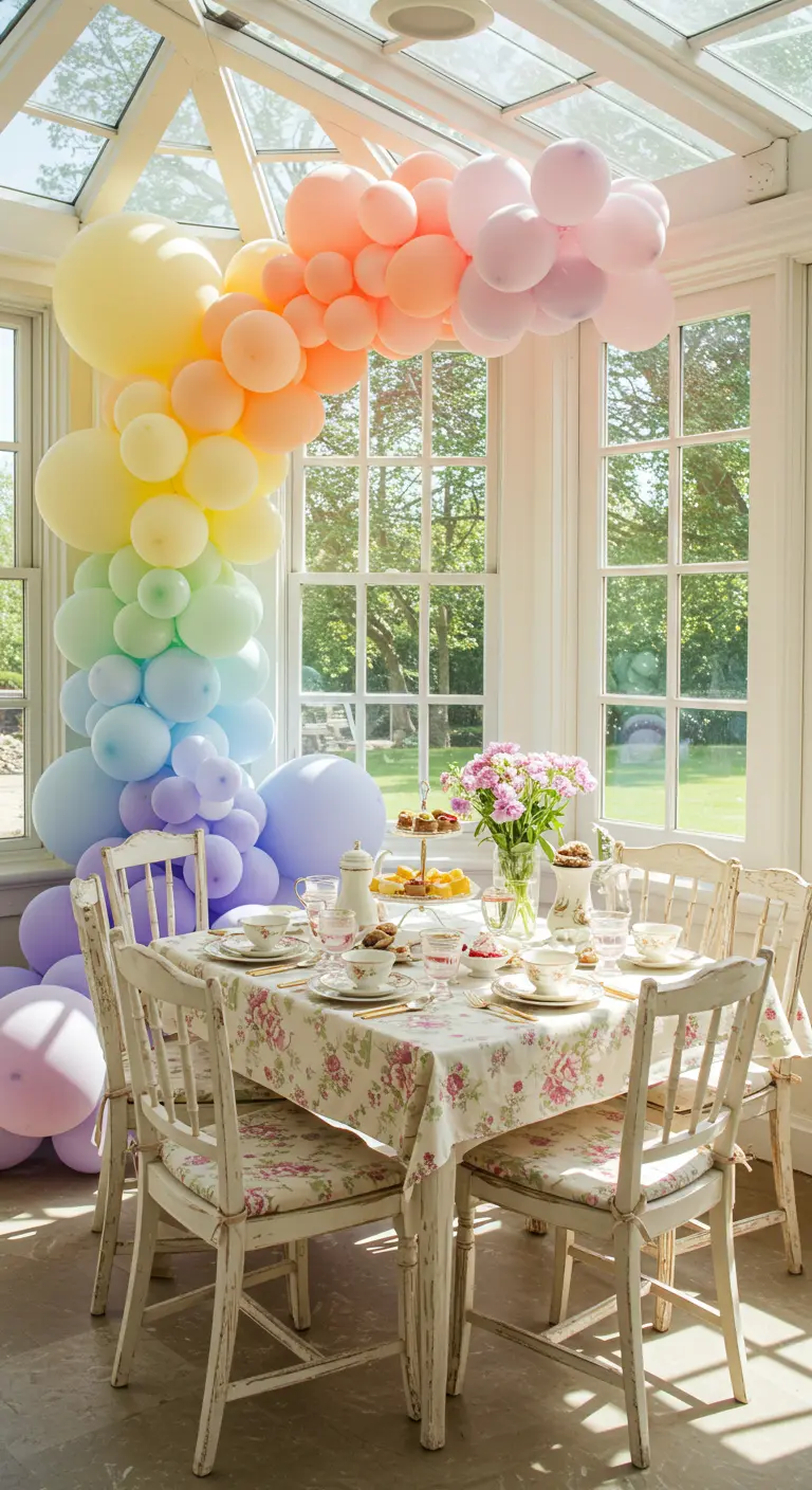Vertikale Pastell-Regenbogen-Ballongirlande in der Ecke eines sonnendurchfluteten Wintergartens.