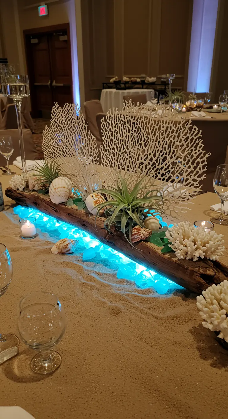 Treibholz-Mittelstück mit leuchtenden blauen Steinen, Muscheln und Luftpflanzen.
