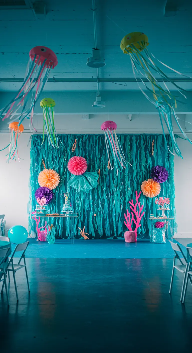 Unterwasser-Partydeko mit Papier-Quallen, Krepppapier-Wand und Pompon-Korallen.