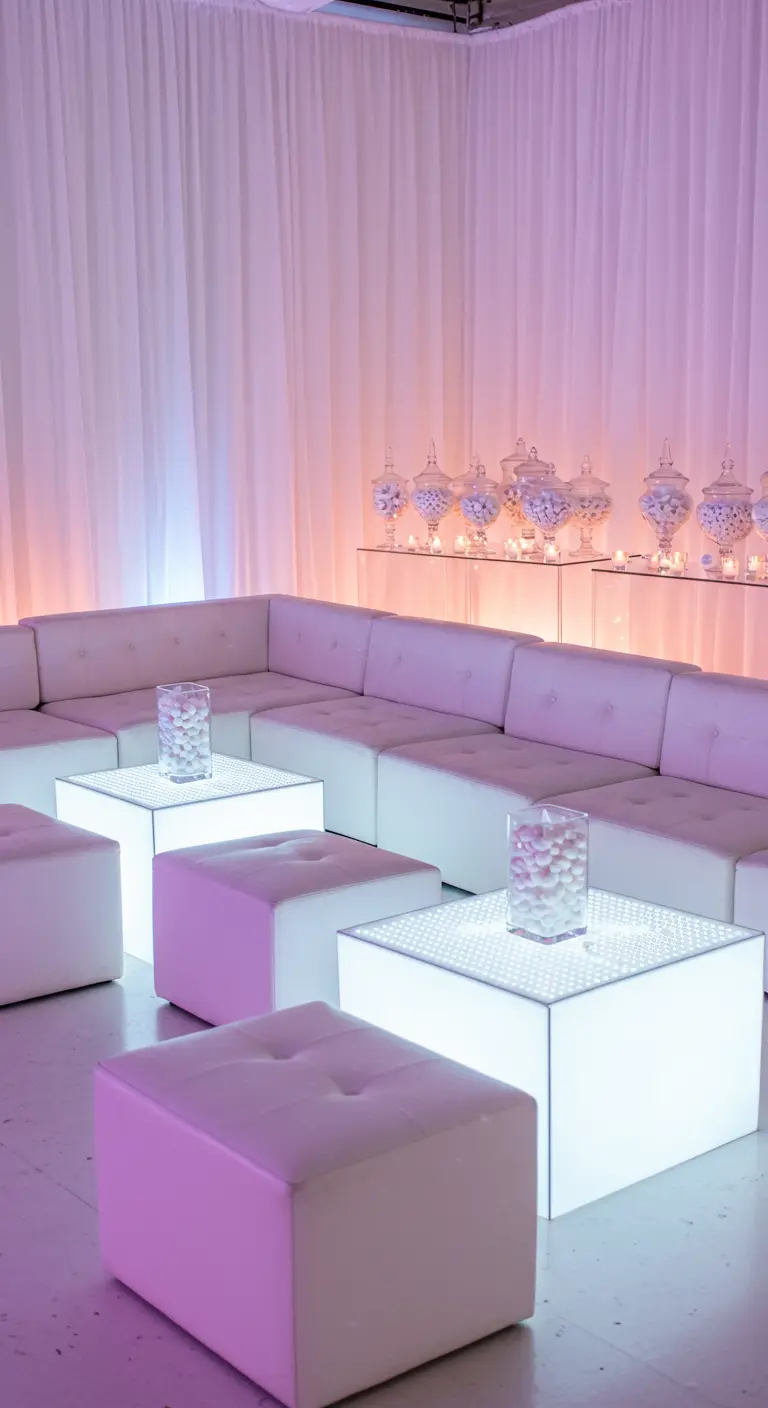 Moderne Lounge-Ecke mit weißen, von innen leuchtenden Würfeln und Sofas.
