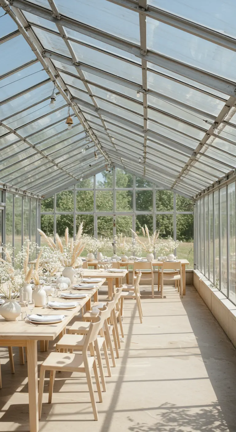 Helle Holztische in einem Gewächshaus, dekoriert mit weißen Trockenblumen in weißen Vasen